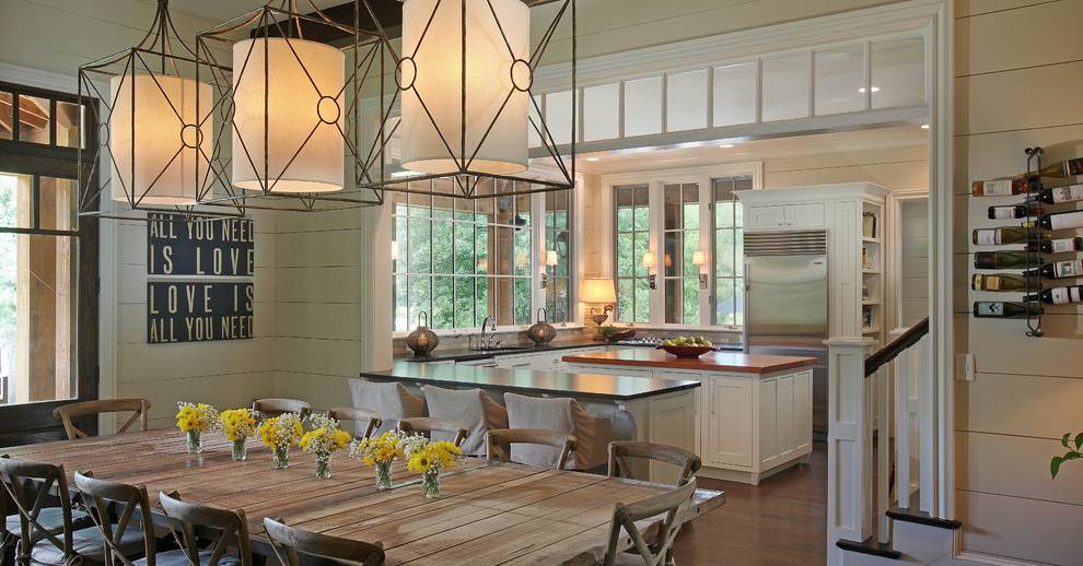 Superb-Lighting-Fixtures-decorating-ideas-for-Beguiling-Dining-Room-Rustic-design-ideas-with-baseboards-bentwood-chairs-centerpiece-chair-cushions-dark-floor-dining-table-exposed-beams.jpg